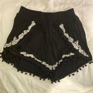 Festive Black and White Pom Pom High-waisted Shorts